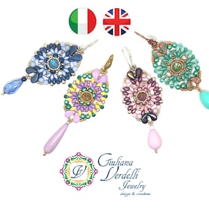 May include: Four pairs of handmade beaded earrings in various colors, including blue, green, pink, and purple. Each earring features a unique floral design with a teardrop-shaped bead at the bottom. The earrings are made by Giuliana Verdelli Jewelry.