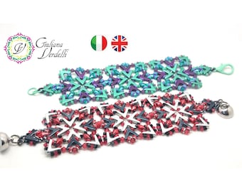 Tutorial per creare il set Victoria: bracciale e orecchini con perline Ava, Diamond Duo, O Beads, Bicono, in tessitura di perline.