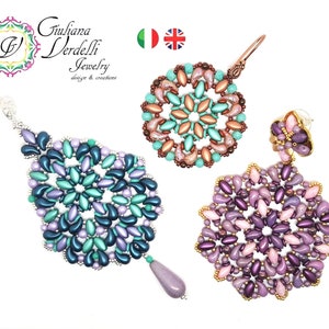 May include: Three pairs of earrings crafted from colourful beads in a teardrop shape. The earrings are arranged in a circular pattern, forming a flower-like design. The earrings are in shades of purple, pink, teal, and brown.