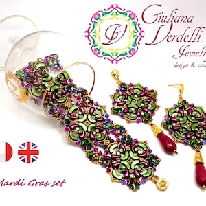 May include: A Mardi Gras set of earrings and a bracelet featuring green, purple and gold beads. The earrings have a dangling red stone. The bracelet is displayed on a glass goblet.