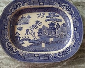 Antique platter Blue willow Staffordshire transferware, dinner platter, Japan serving dish, Ceramic roasting dish,