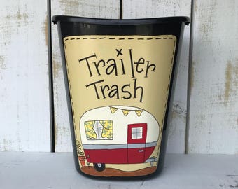 Trailer Trash Can, Hand Painted Trailer Trash Can, Camper Decor, Trailer Decor, Glamper Decor, Funny Trash Can, Camping Decor, Camp Decor