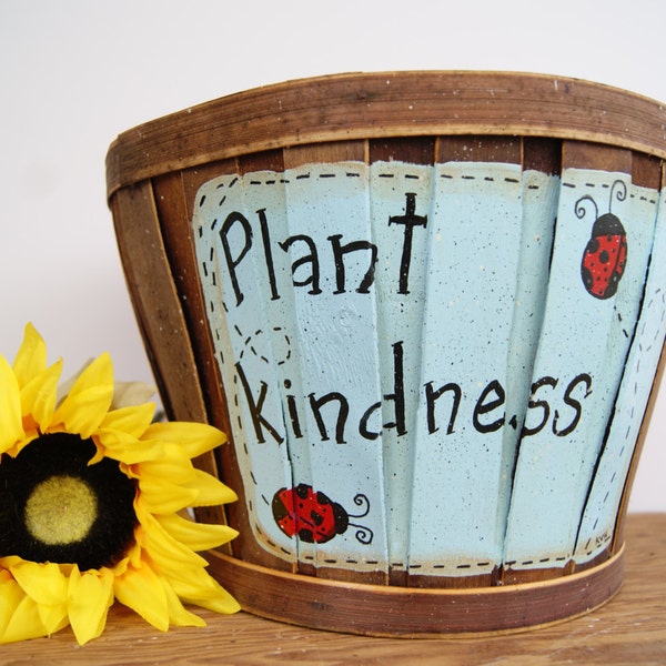 Bushel basket garden decor, Hand painted flower basket, Plant kindness lady bug basket, Gift for a gardner, Country home decor basket