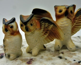 Vintage Miniature Owl Figurines, Vintage Owl Figurines, Tiny Owl Family Set