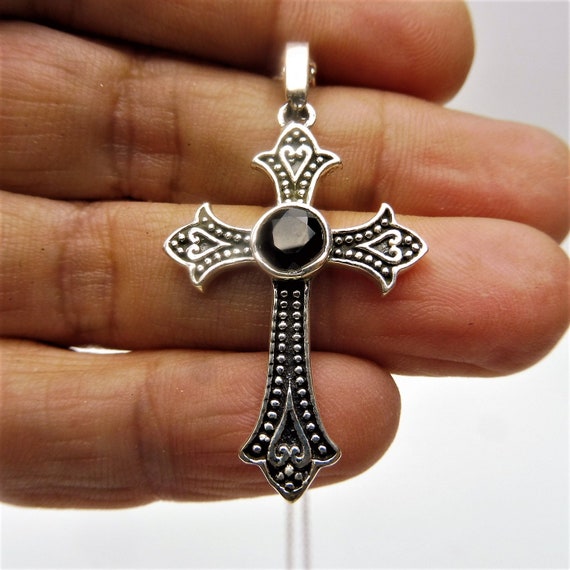 Black Spinel Cross Pendant Necklace Solid Sterling Silver Cross and Chain Black Gemstone Jewelry Cross Necklace