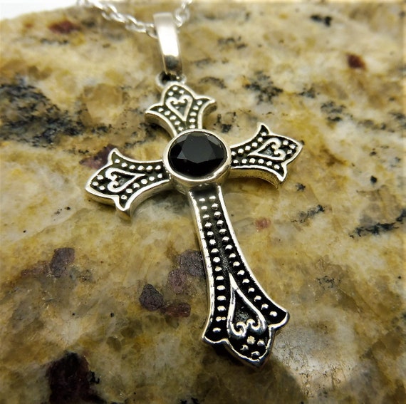 Black Spinel Cross Pendant Necklace Solid Sterling Silver Cross and Chain Black Gemstone Jewelry Cross Necklace