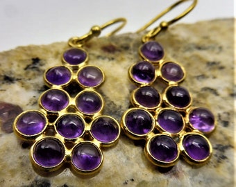 Genuine Amethyst Cluster Earrings, Amethyst Earrings, February Birthstone, 14 K Gold Plated Sterling Silver