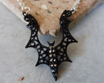 Bat Necklace, Goth Necklace, Halloween Necklace, Crystal Bat Necklace, Black Bat Necklace, Costume Necklace, Gift Idea, Gift for Her
