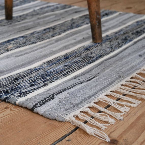 Large striped blue grey and white cotton rug W160 L230cm Etsy