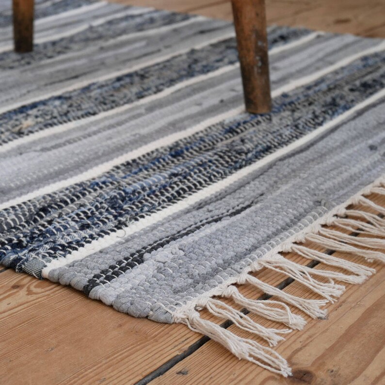 Large striped blue grey and white cotton rug W160 L230cm Etsy