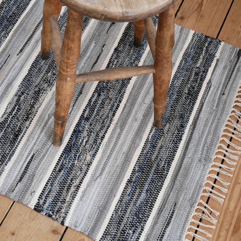 Large striped blue grey and white cotton rug W160 L230cm Etsy