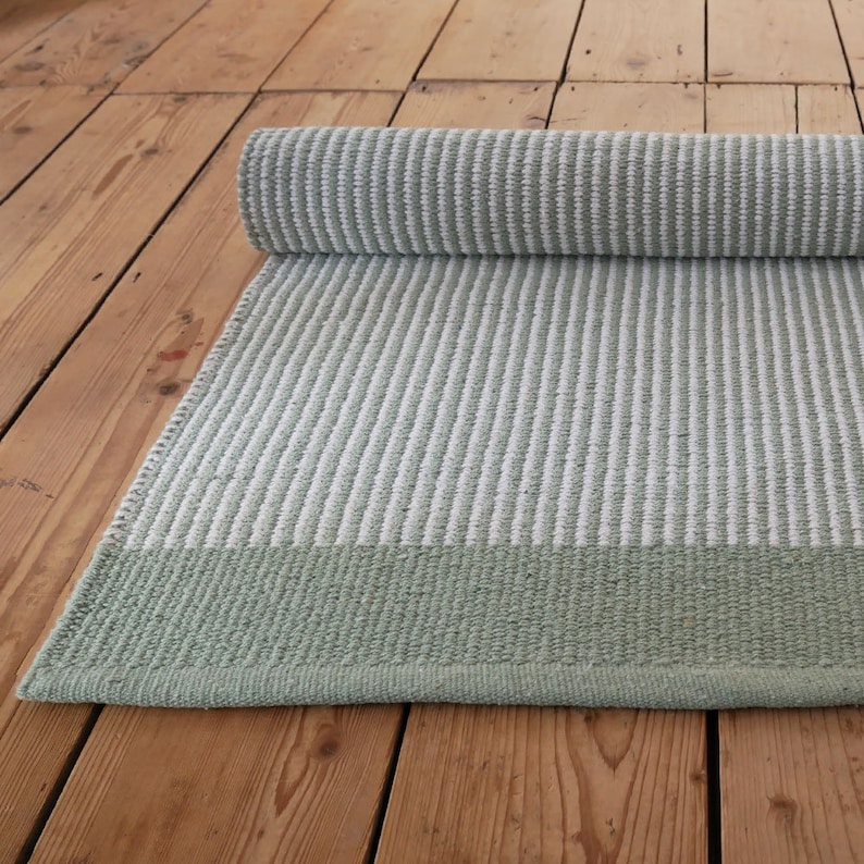 Green And White Striped Floor Runner W70 L140cm Etsy