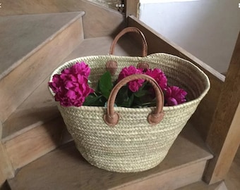 Large French Market Shopping Basket Bag Short Leather Handles 2 sizes | Beach Bag |