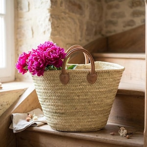 Cesta de mercado francesa tejida a mano, asas de cuero, bolso de paja