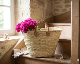 Handwoven French Market Basket, Leather Handles, Straw Tote