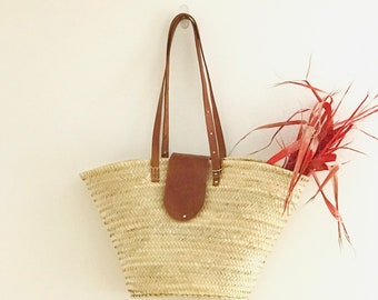 Handmade French Market Straw Basket | Tan Leather Handles Beach Bag | Valentines Gift for her