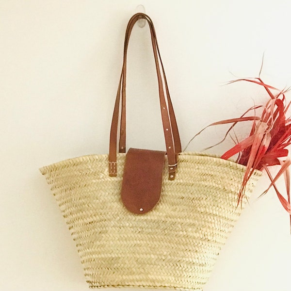 French Market straw Basket Bag Long  adjustable tan Leather Handles with flap closure  | Beach Bag | Sustainable