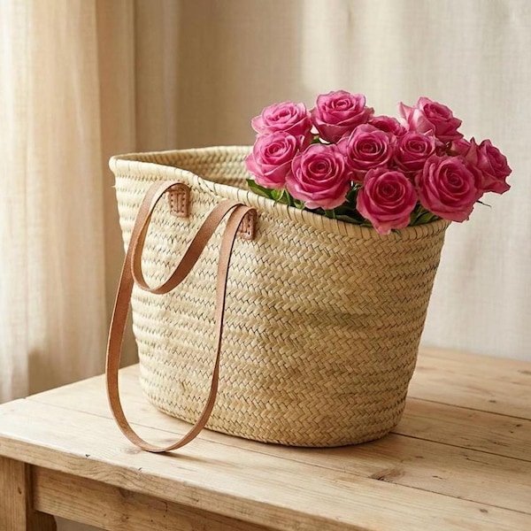Handmade French Market Basket – Palm Leaf Tote with  Leather Handles - Untreated