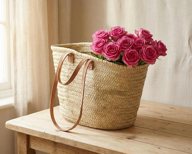 Handmade French Market Basket – Palm Leaf Tote with Leather Handles image 1