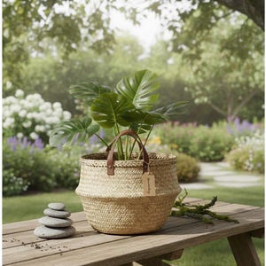 Può includere: Un cesto in paglia intrecciata con due manici in pelle marrone e una piccola etichetta rettangolare in carta. Il cesto contiene una pianta di monstera verde con grandi foglie divise. Una pila di quattro pietre grigie, lisce e rotonde è accanto.