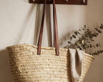 Handmade Woven Straw Market Bag, Leather Handles, Large Beach Tote