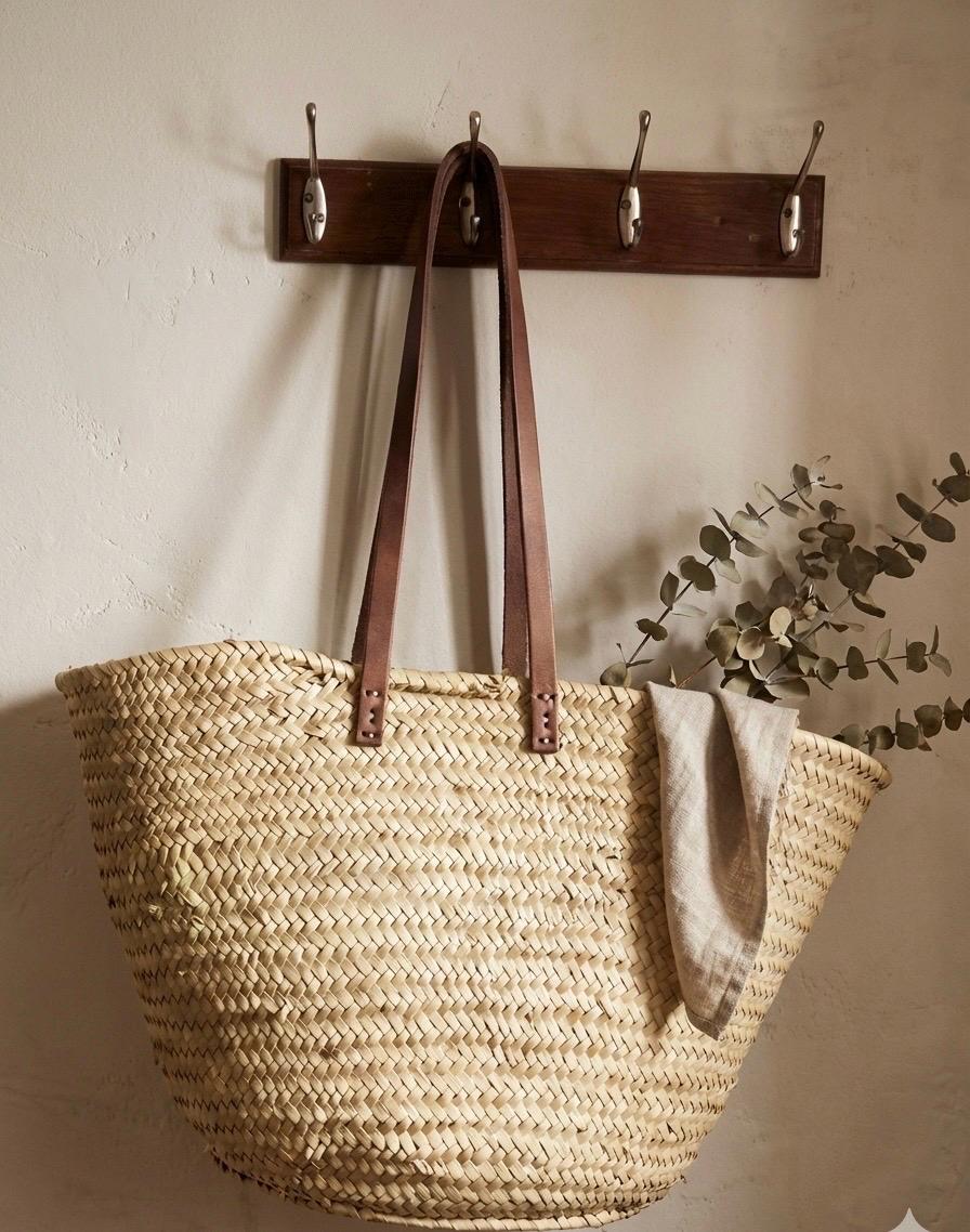 Handmade Woven Straw Market Bag, Leather Handles, Large Beach Tote