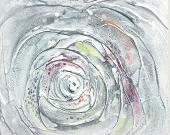 Abstract Rose Floral Plaster Painting in White, Gray, Lime Yellow, Orange and Pink - Original Mixed Media Art with Wooden Floater Frame