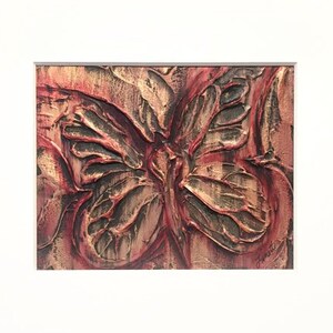 Modern Abstract Butterfly Plaster Painting in Red, Black and Metallic Copper with Acid Free White Mat - Original Acrylic Art on Panel