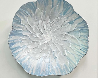 Abstract Mum Floral Plaster Wall Sculpture in Turquoise, Blue,White and Silver - Original Mixed Media Wall Vessel by Linette Pedigo