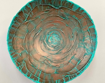 Abstract Rose Floral Plaster Wall Sculpture in Metallic Copper Patina, Sea foam Green - Original Mixed Media Wall Vessel by Linette Pedigo