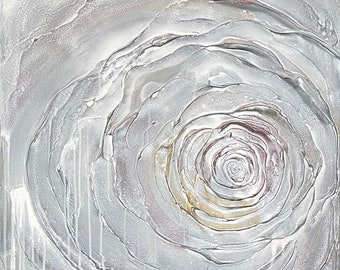 Abstract Rose Floral Plaster Painting in White, Gray, Silver, Gold and Copper - Original Mixed Media Art by Linette Pedigo