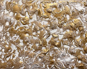 Abstract Heavy Texture Plaster Painting in Metallic Gold and White - Original Textured Mixed Media Painting on Canvas