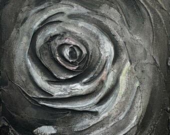 Abstract Rose Floral Plaster Painting in Black, Gray, Lime Yellow, Orange and Pink - Original Mixed Media Art with Wooden Floater Frame
