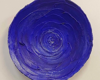 Abstract Rose Floral Plaster Wall Sculpture in Blue and Metallic Pearl - Original Mixed Media Wall Vessel by Linette Pedigo