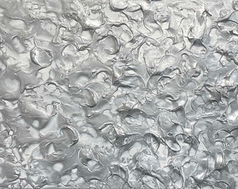 Abstract Heavy Texture Plaster Painting in Metallic Silver and White - Original Textured Mixed Media Painting on Canvas