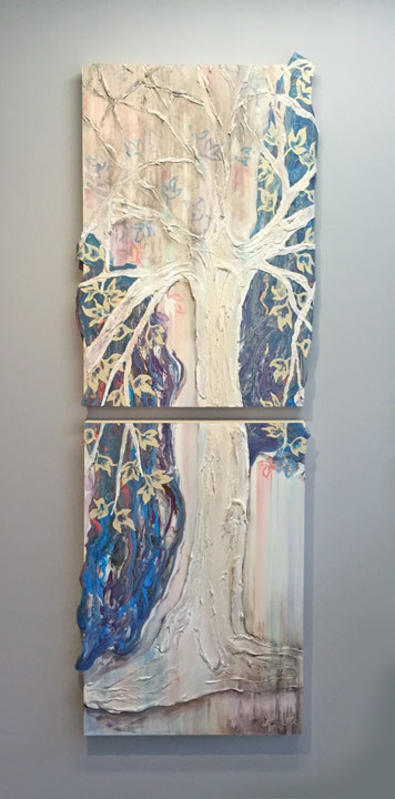 Large Diptych Tree Painting in Turquoise Coral Purple Etsy