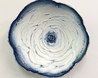 Abstract Rose Floral Plaster Wall Sculpture in Navy Blue, Off White and Metallic Silver - Original Mixed Media Wall Vessel by Linette Pedigo
