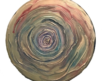 Abstract Rose Plaster Painting in Shades of Blue, Red, Teal, Pink, Navy and Metallic Champagne - Original Acrylic Art on Round Canvas