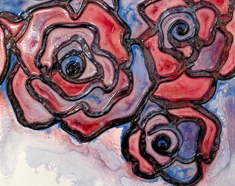 Abstract Roses Floral Faux Stained Glass Plaster Painting in White, Black, Gray, Blue and Red - Original Mixed Media Art