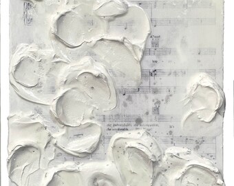 Abstract Heavy Texture Sheet Music Plaster Painting in Black and White, Silver and Gold- Original Mixed Media Art with Black Floater Frame