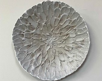 Abstract Mum Floral Plaster Wall Sculpture in Metallic Silver, Gold, White and Gray - Original Mixed Media Wall Vessel by Linette Pedigo