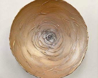 Abstract Rose Floral Plaster Wall Sculpture in Metallic Gold, Silver and Gray - Original Mixed Media Wall Vessel by Linette Pedigo