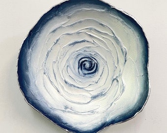 Abstract Rose Floral Plaster Wall Sculpture in Navy Blue, Off White and Metallic Silver - Original Mixed Media Wall Vessel by Linette Pedigo