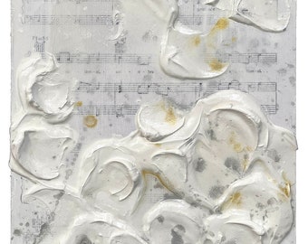 Abstract Heavy Texture Sheet Music Plaster Painting in Black and White, Silver and Gold- Original Mixed Media Art with Black Floater Frame