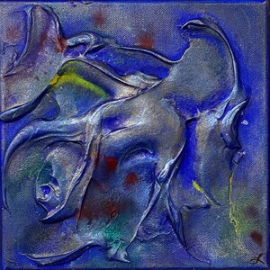 May include: Abstract painting with thick, textured blue paint in a swirling, organic pattern. The paint has a metallic sheen and is accented with pops of yellow, green, and red.