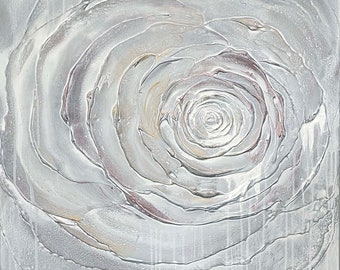 Abstract Rose Floral Plaster Painting in White, Gray, Silver, Gold and Copper - Original Mixed Media Art by Linette Pedigo