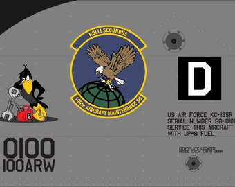 May include: A gray metal panel with a black and white cartoon bird holding a wrench and a red gas can. The panel also features a blue and gold emblem with a bald eagle and the text "NULLI SECUNDUS 100TH AIRCRAFT MAINTENANCE SQ". The text "US AIR FORCE KC-135R SERIAL NUMBER 58-0100 SERVICE THIS AIRCRAFT WITH JP-8 FUEL IDENTIPLATE LOCATED INSIDE CREW ENTRY DOOR" is also printed on the panel.