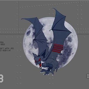 May include: A stylized illustration of a bat with a full moon background. The bat is dark gray with red accents and is set against a gray background with text that reads "US AIR FORCE MC-130H" and "1803".