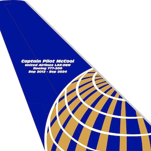 May include: A blue and gold airplane tail fin with the United Airlines logo and the text "Captain Pilot McCool United Airlines LAX-DEN Boeing 777-200 Sep 2012 - Sep 2024"