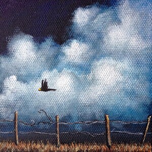 Custom Hand Painted Miniature Acrylic Painting of Crow Flying over Field.  You pick your colors you want!